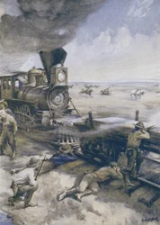 A Train Crossing the Prairies Attacked by American Indians
